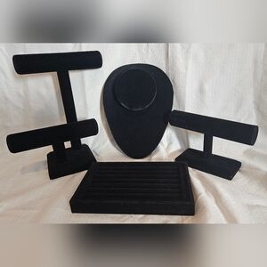 Black Velvet Jewelry Display Set Lot Necklace, T-Bar Bracelet Stands, Ring Tray